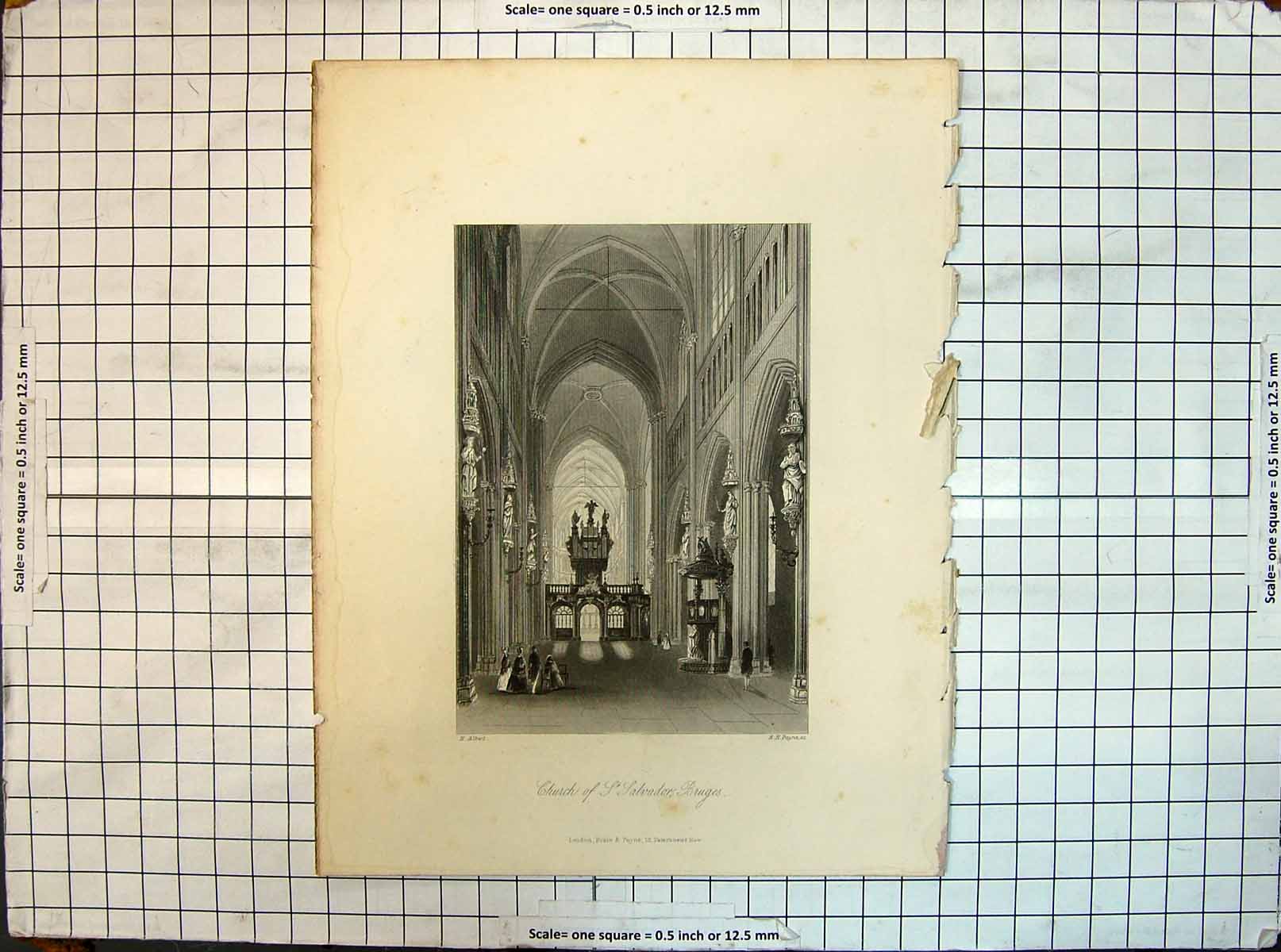 Original Old Antique Print Interior Church St. Salvador Bruges Payne Albert