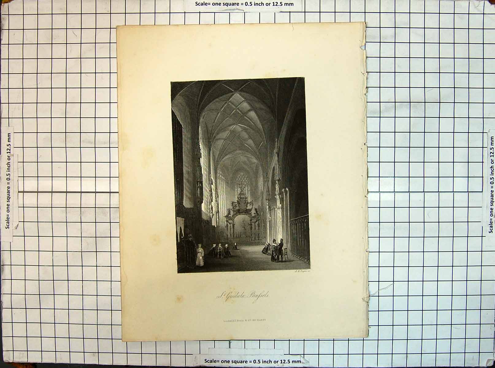 Original Old Antique Print St. Guidula Brussels Church Architecture Payne