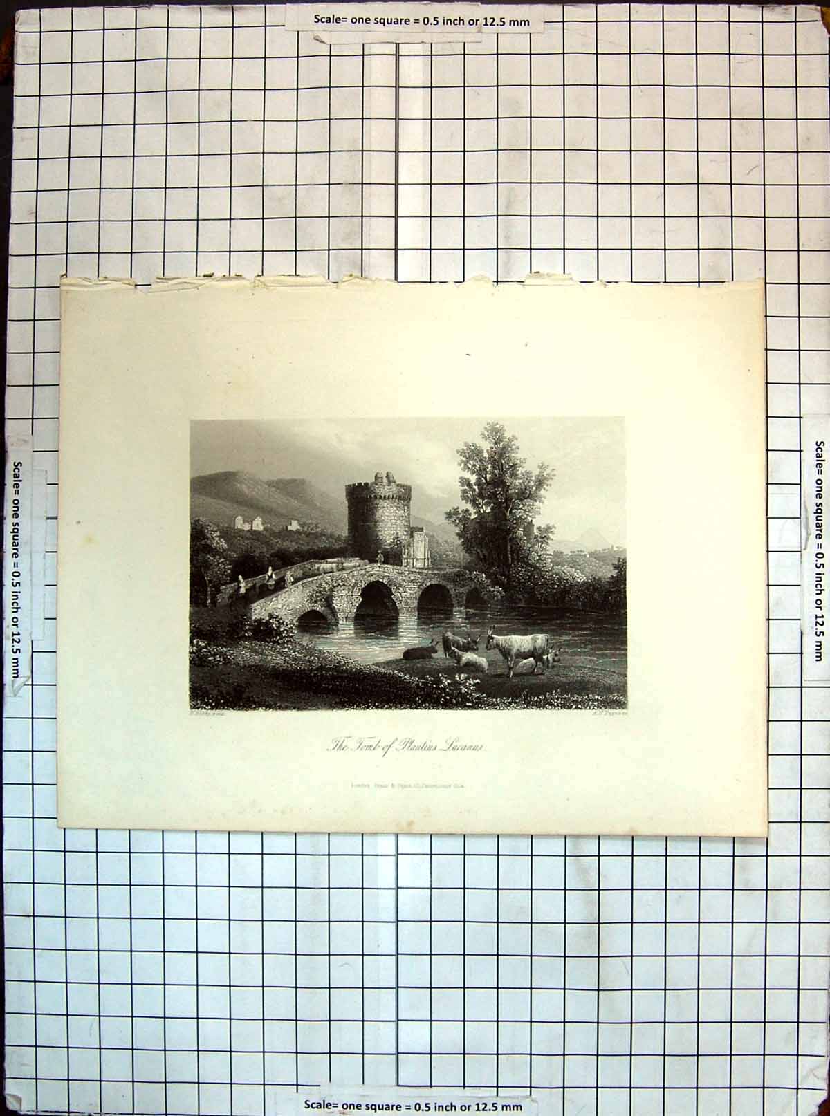 Original Old Antique Print View Tomb Plautius Lucanus River Bridge Payne