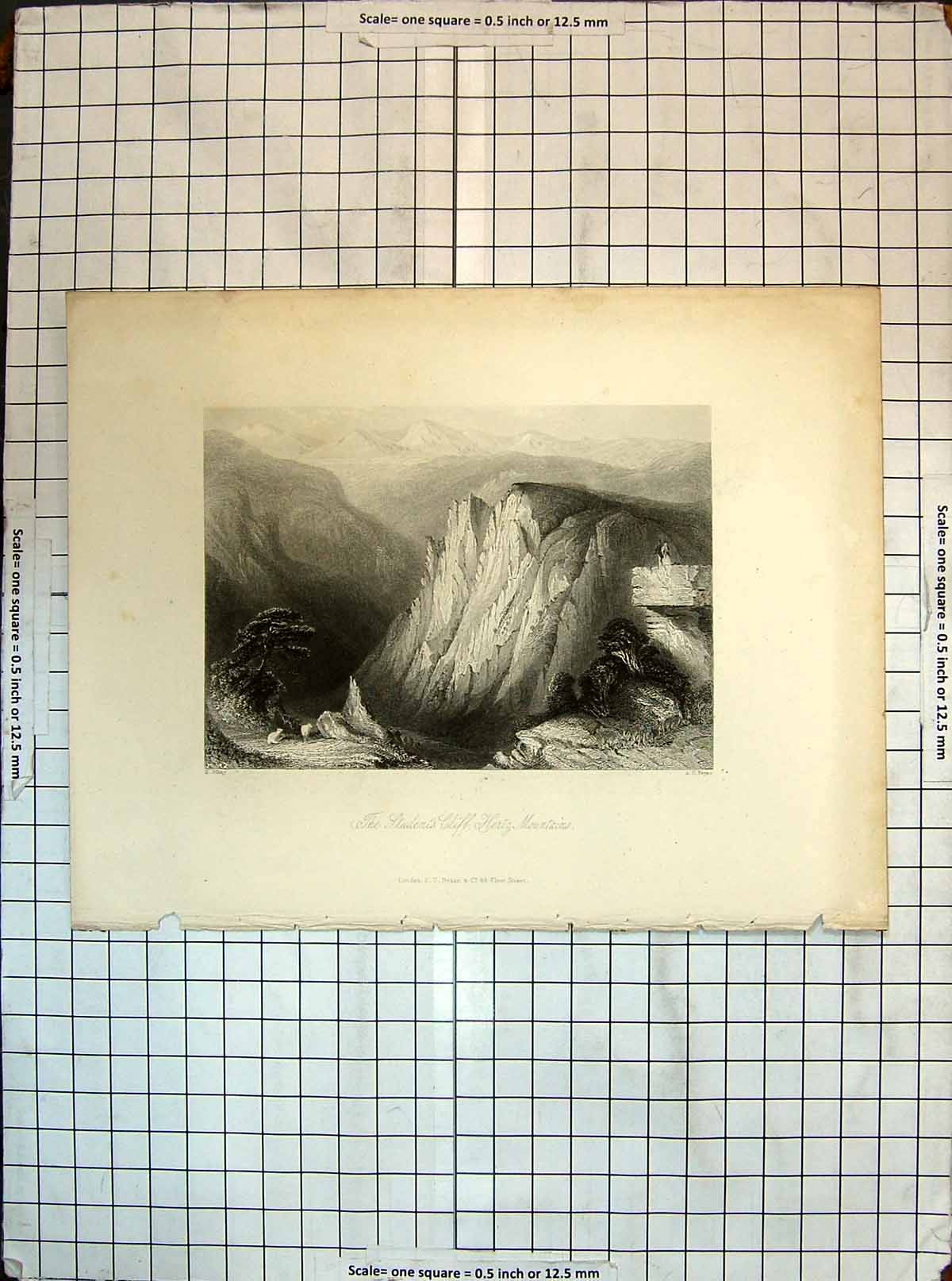 Original Old Antique Print Students Cliff Hertz Mountains Payne Engraving