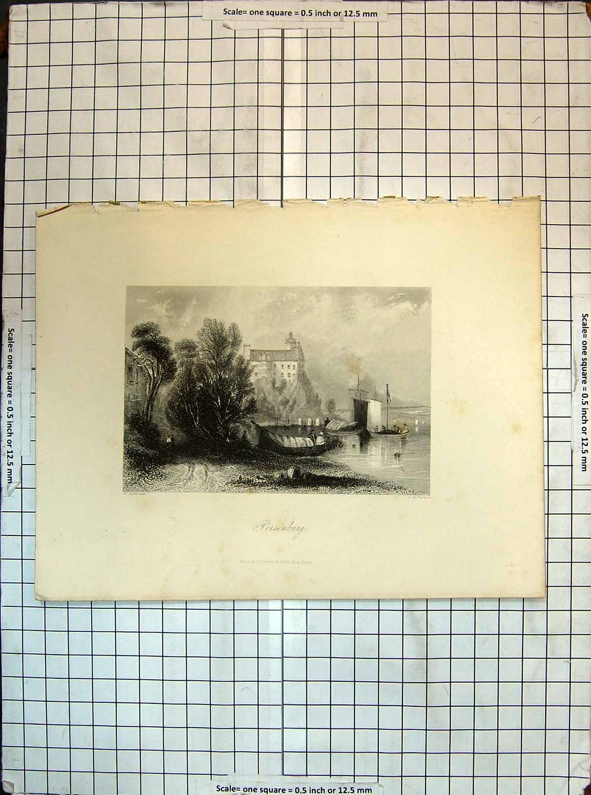 Original Old Antique Print View Presenburg Castle Boats Engraving Payne