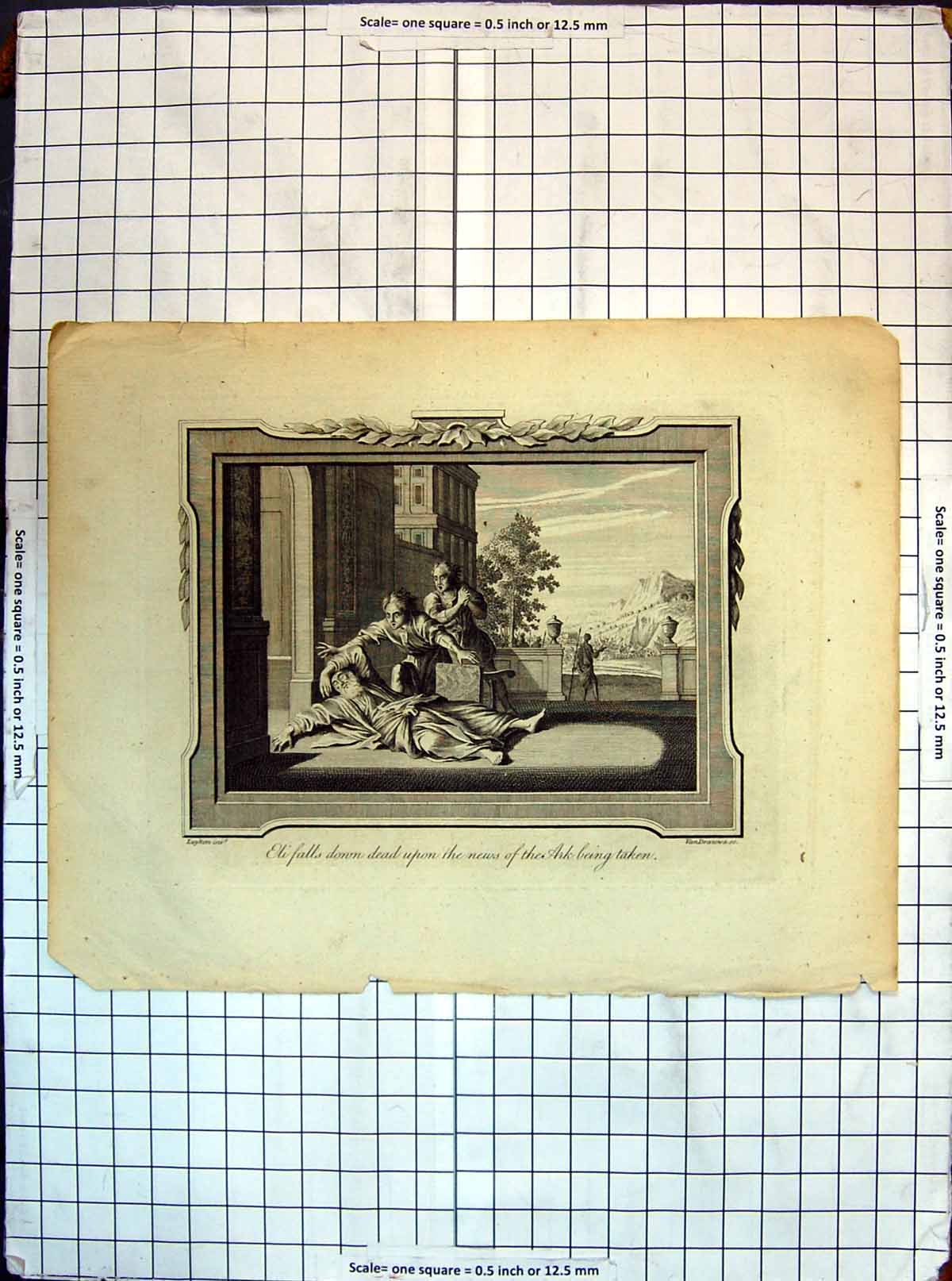 Original Old Antique Print Eli Falls Down Dead News Ark Religion 18th Century