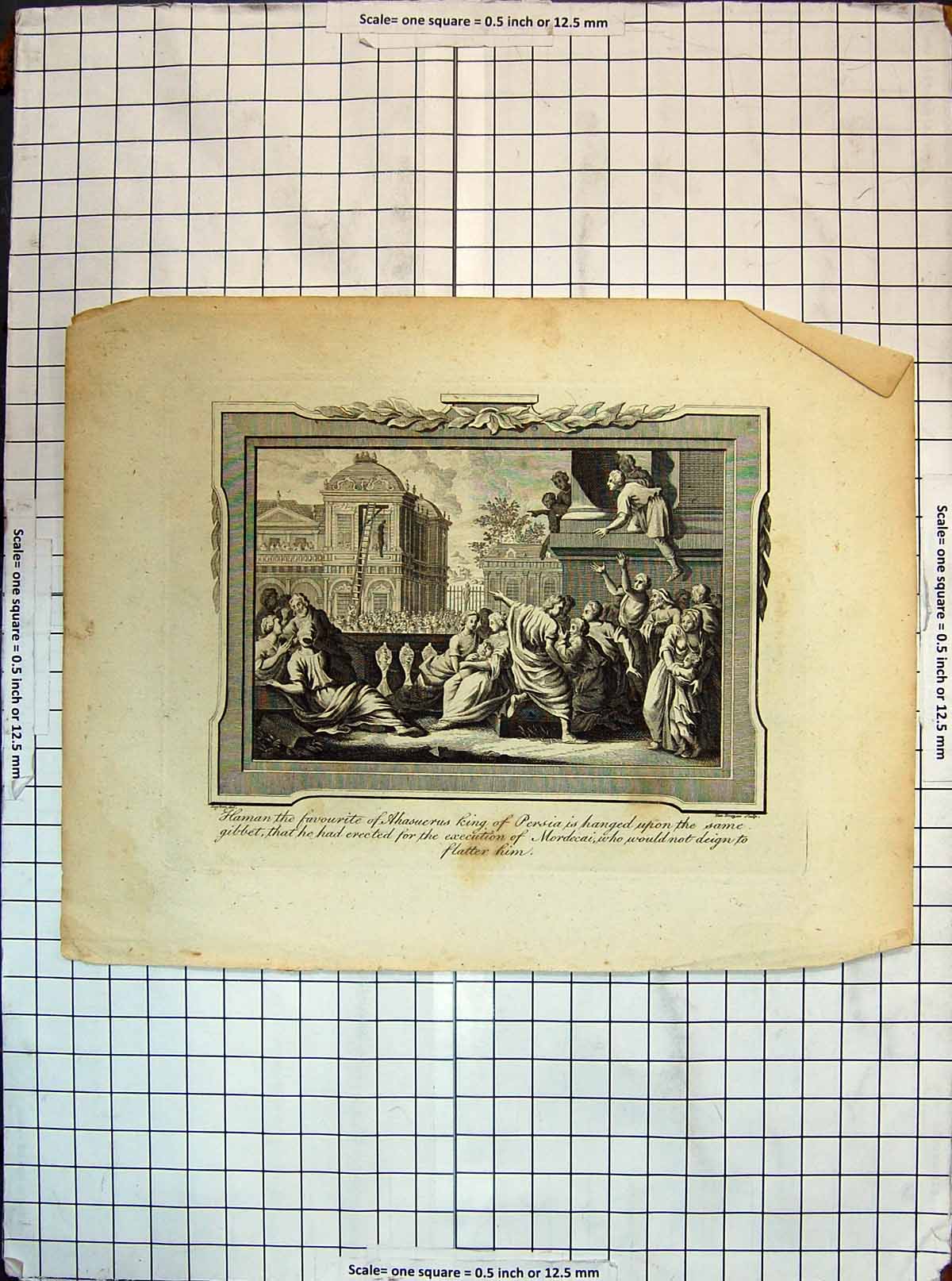 Antique Old Print Haman Ahsuerus King Persia Hanged Gibbet Mordecai Religion