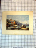 Old Antique Print Colour Scene Coast Sorrento Italy Boat Lake Mountains 19th