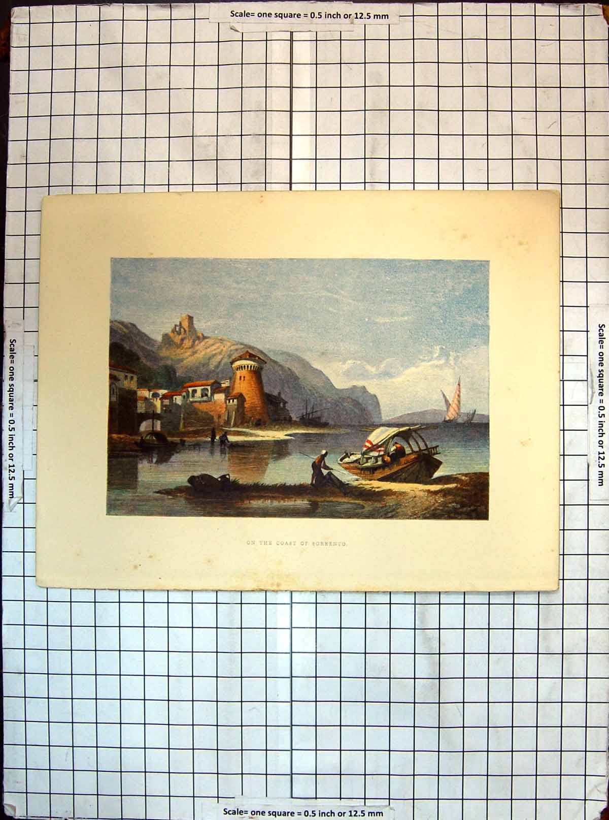 Old Antique Print Colour Scene Coast Sorrento Italy Boat Lake Mountains 19th