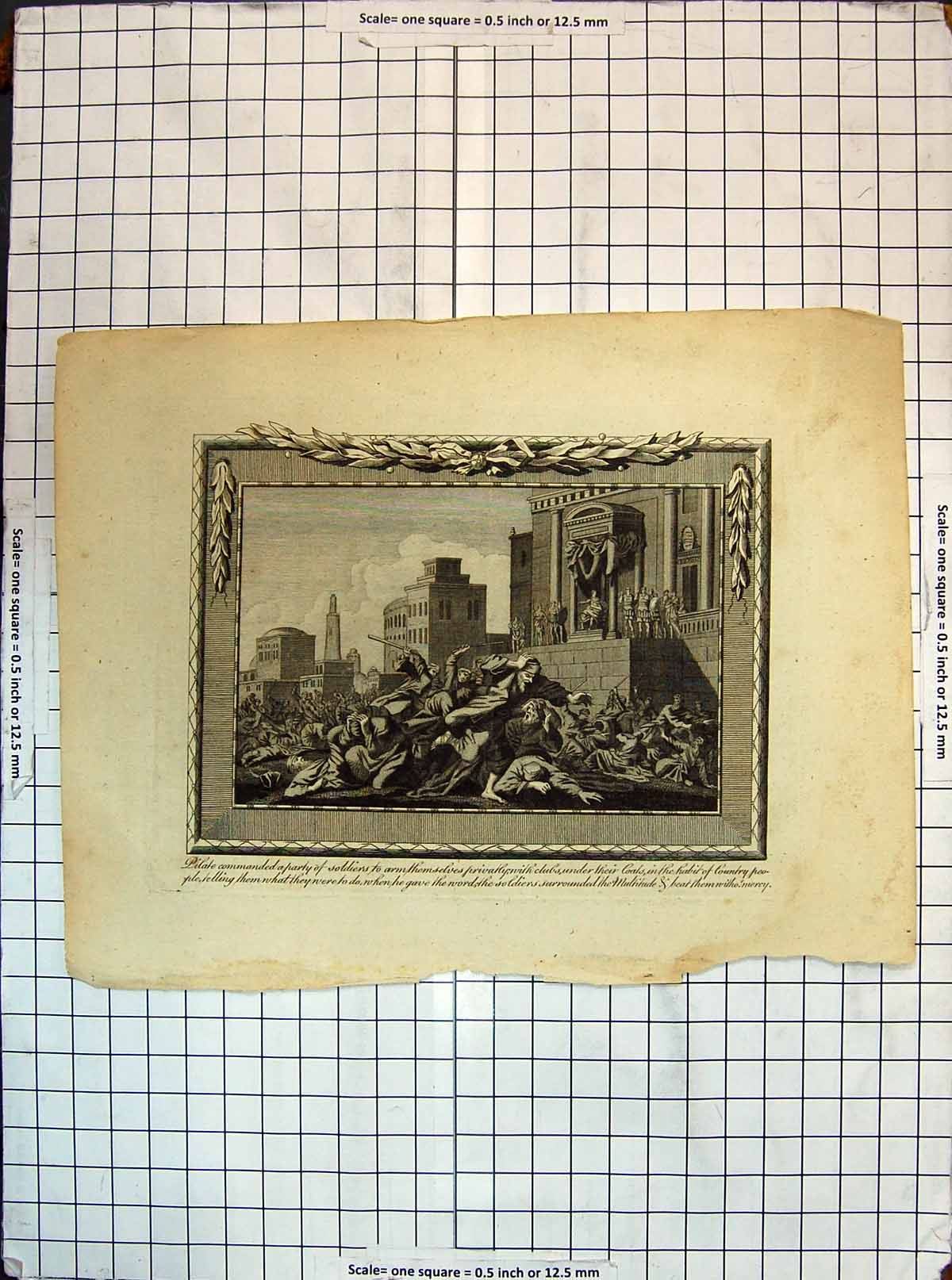 Original Old Antique Print Religion Siers Pilate Clubs Attack Fighting 19th
