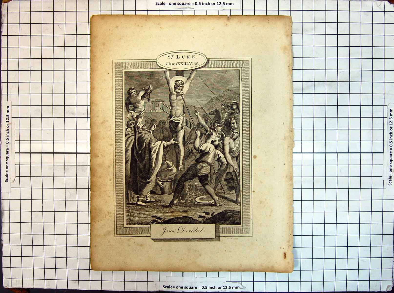 Original Old Antique Print St. Luke Religion Jesus Christ Derided Punishment
