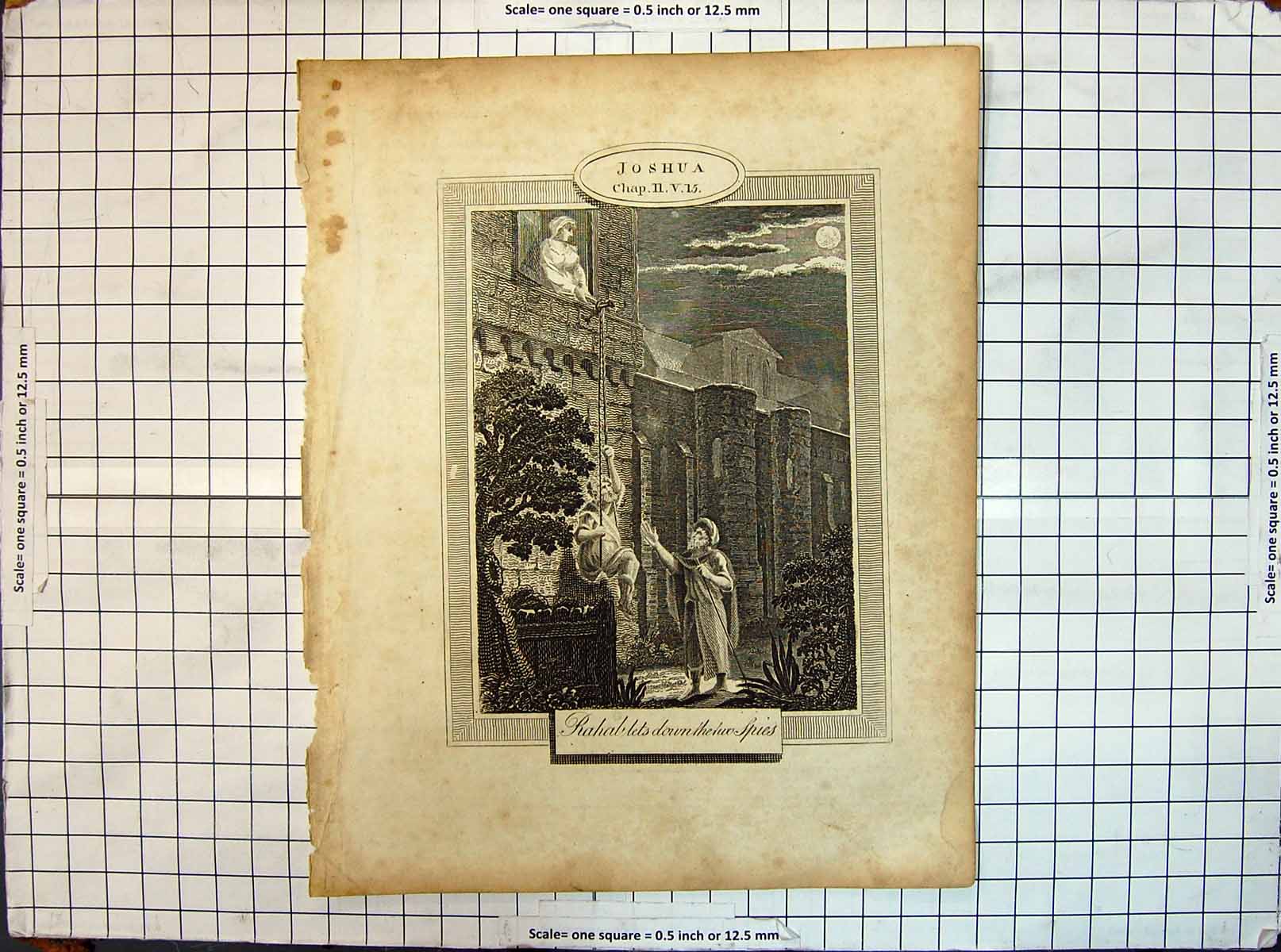 Original Old Antique Print Joshua Rahal Lets Down Spies Religion 19th
