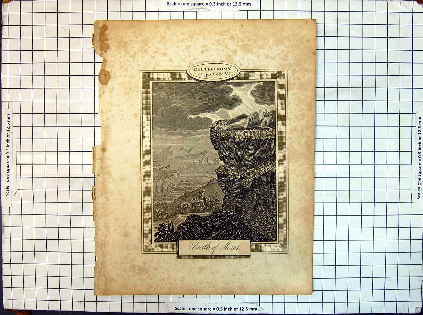 Original Old Antique Print Deuteromomy Religion Death Moses Cliff Scene 20th