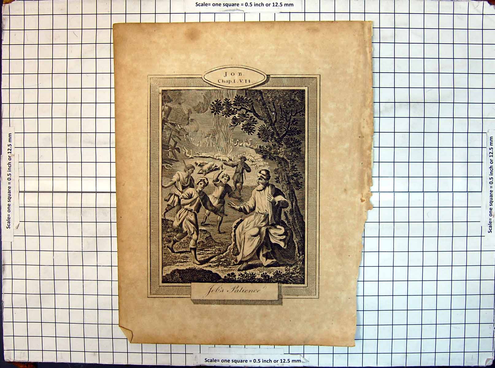 Original Old Antique Print Job Patience Religion Men Spears 20th Century