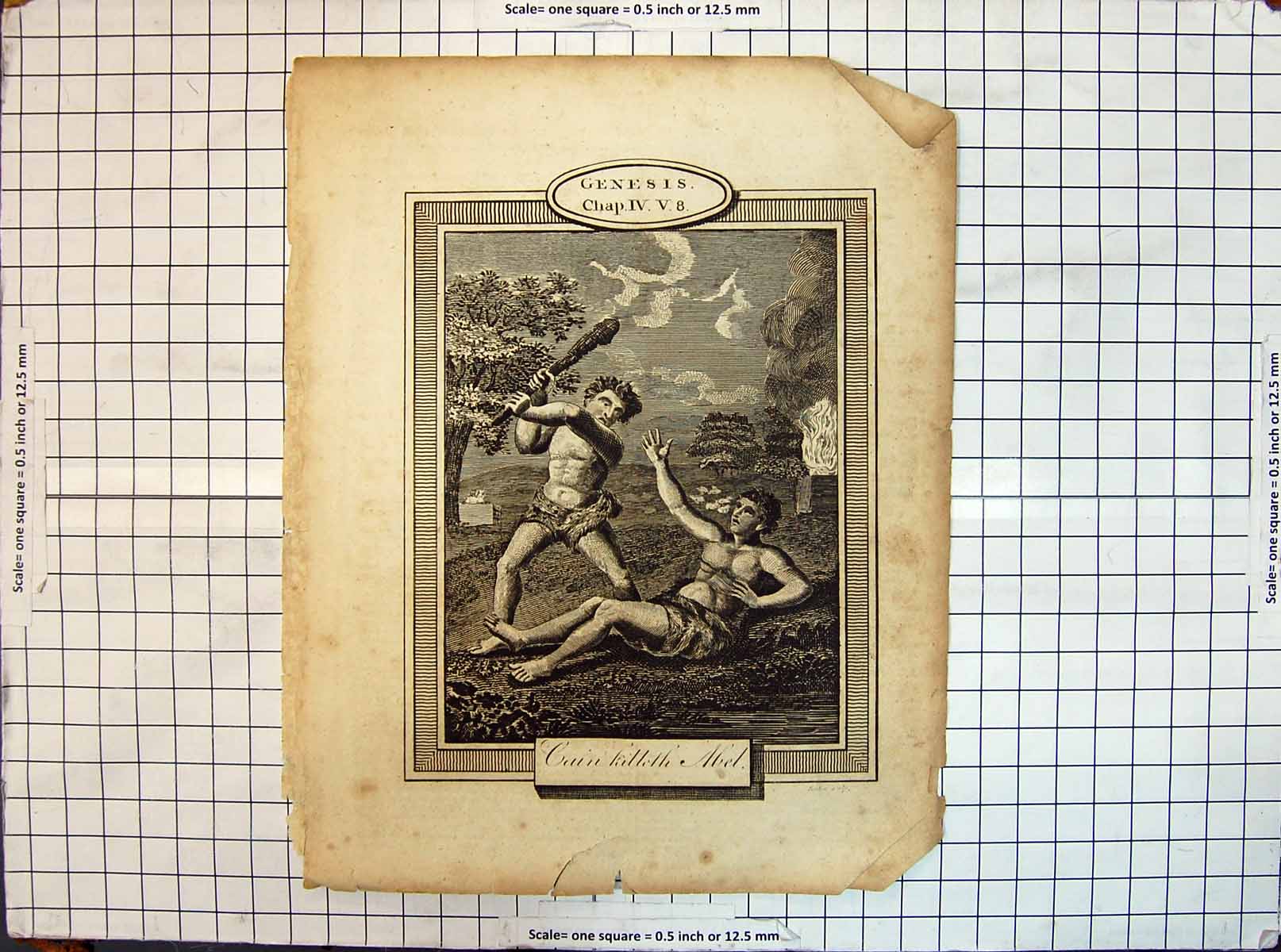 Original Old Antique Print Genesis Religion Cain Killing Abel Murder 20th