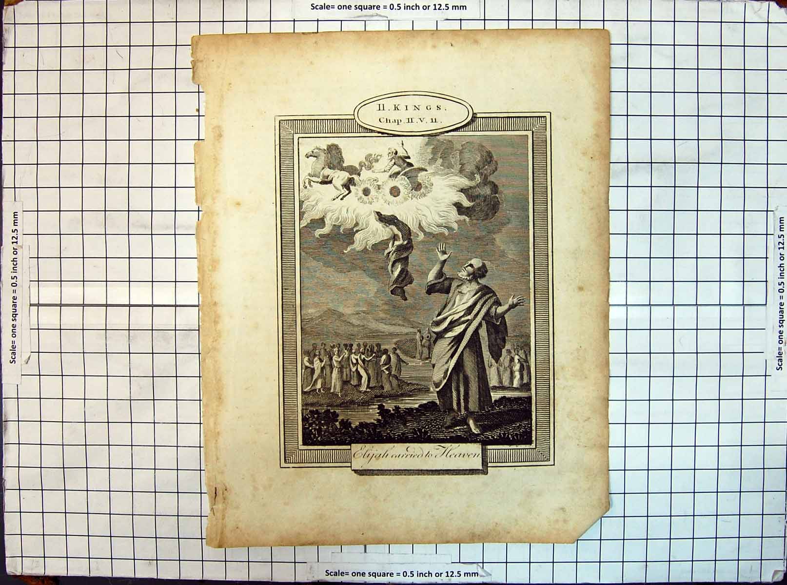 Original Old Antique Print Kings Religion Elijah Carried To Heaven Angels 20th
