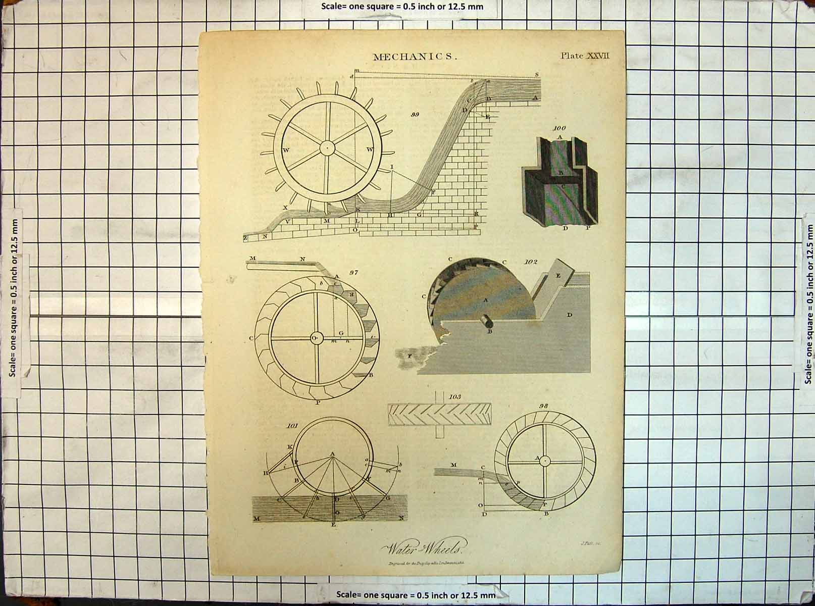 Original Old Antique Print Engraving Mechanics Water Wheels Machinery