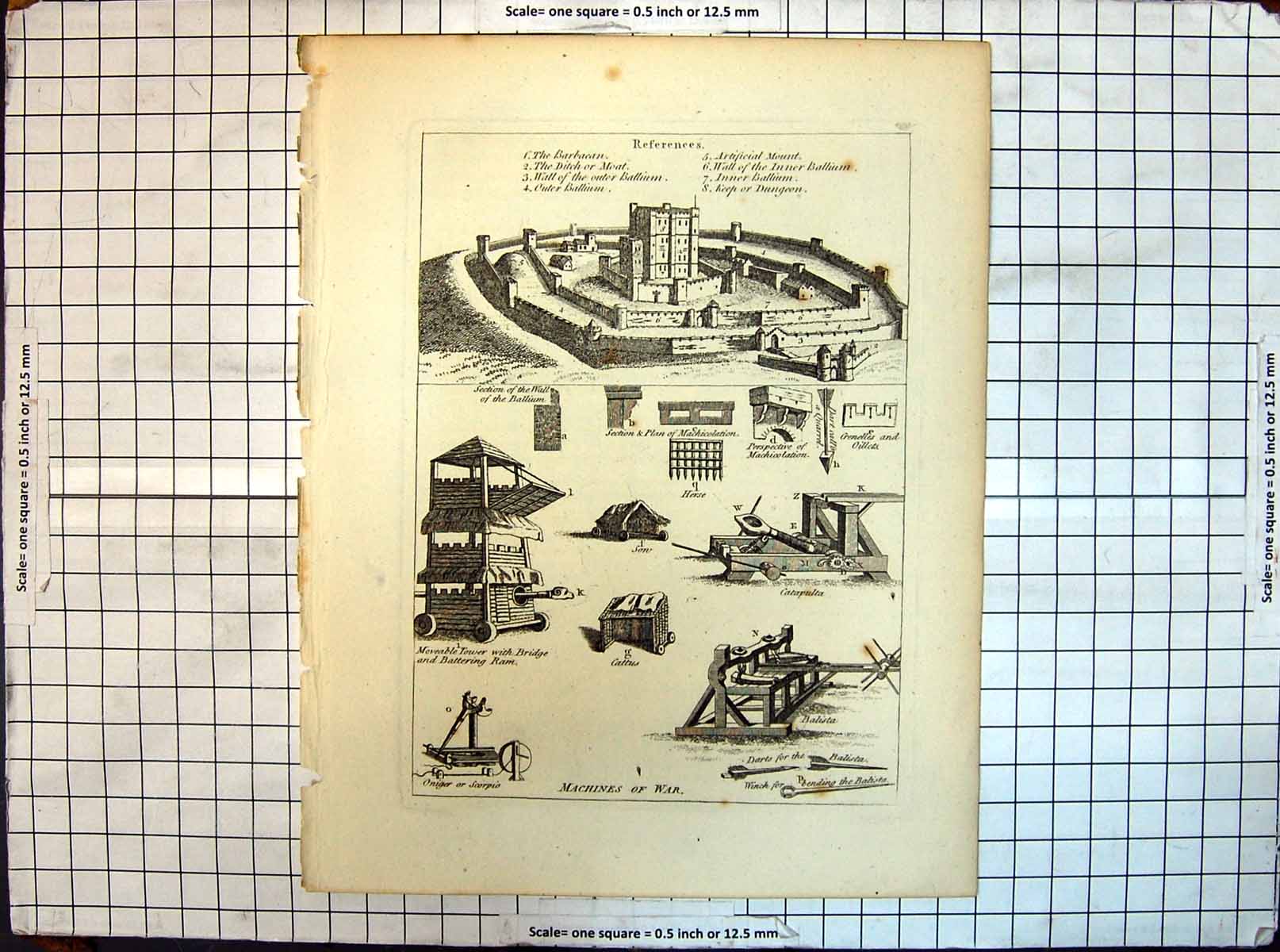 Old Antique Print Machines War Barbacan Ditch Moat Wall Ballium Catapulta
