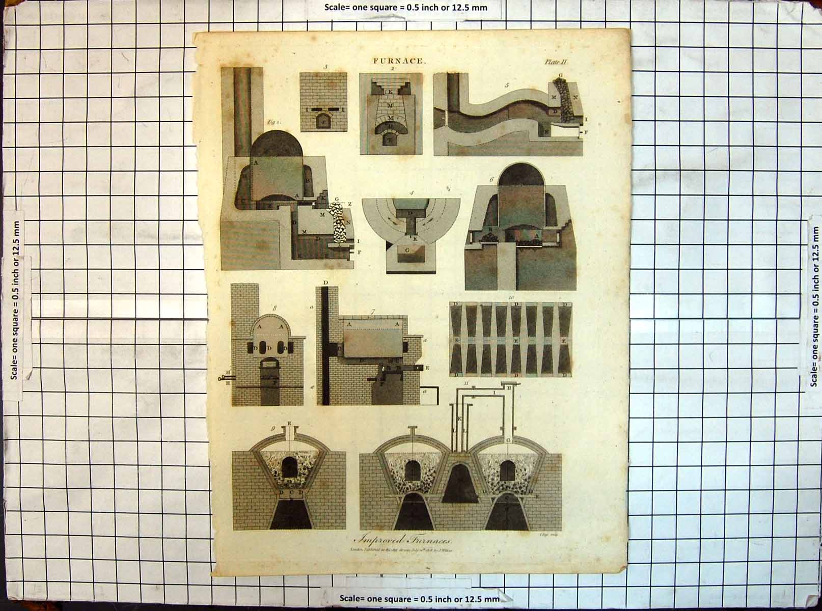 Original Old Antique Print Improved Furnaces 1816 Furnace Machinery 19th