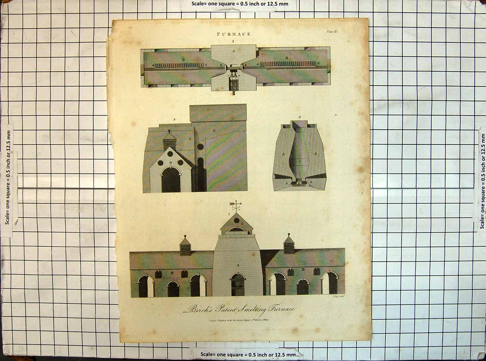 Original Old Antique Print Birch Patent Smelting Furnace 1806 Machinery 19th