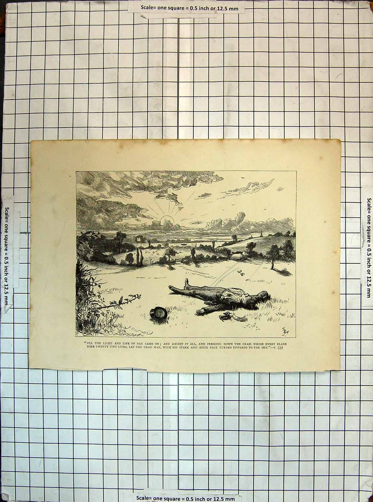 Original Old Antique Print Sunlight Scene Dead Man Countryside