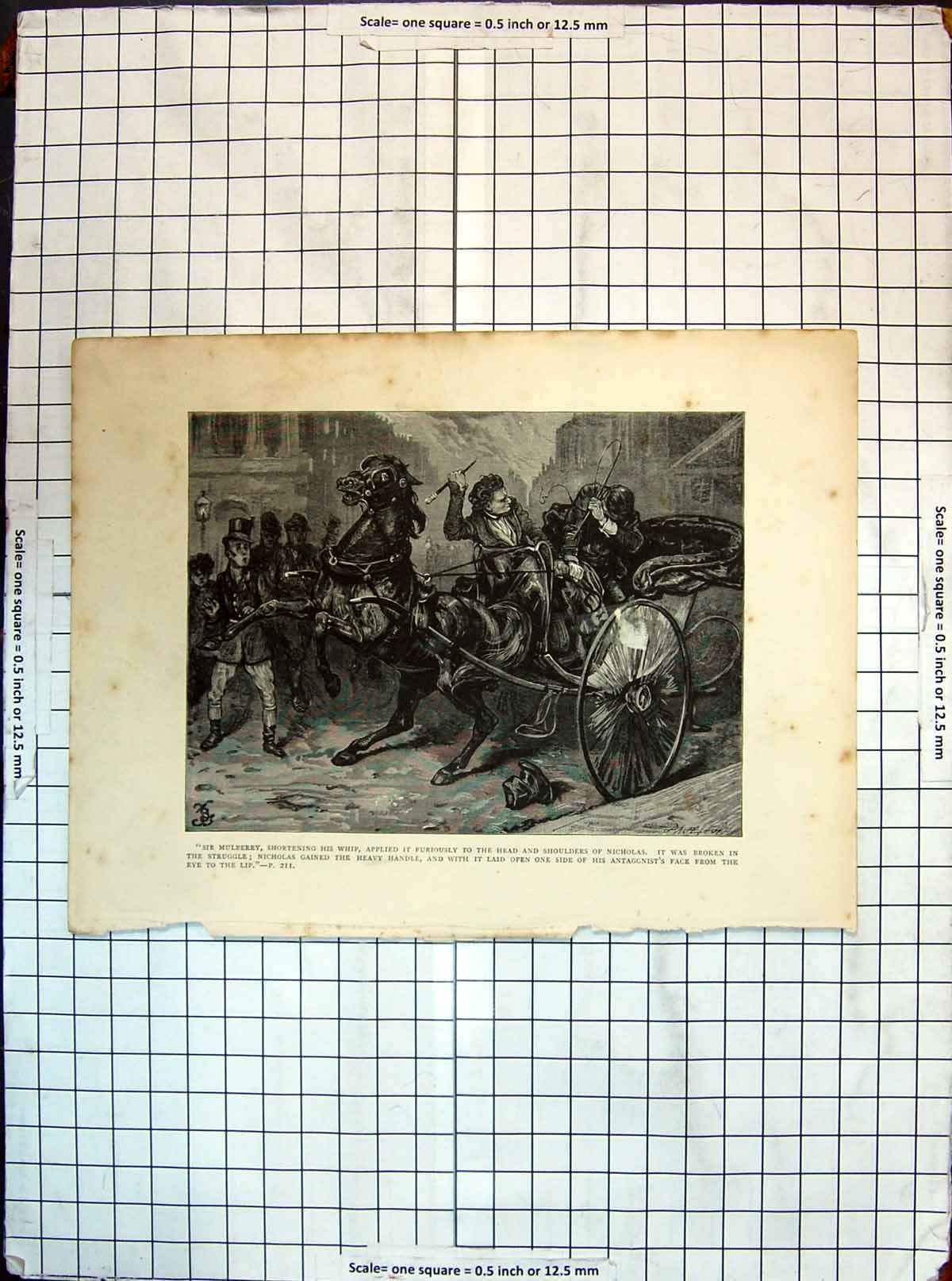 Original Old Antique Print Sir Mulberry Whip Horses Nicholas Cart Street Scene