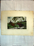 Original Old Vintage Print Colour 1920 Man Horse Cows River Scene 20th Century