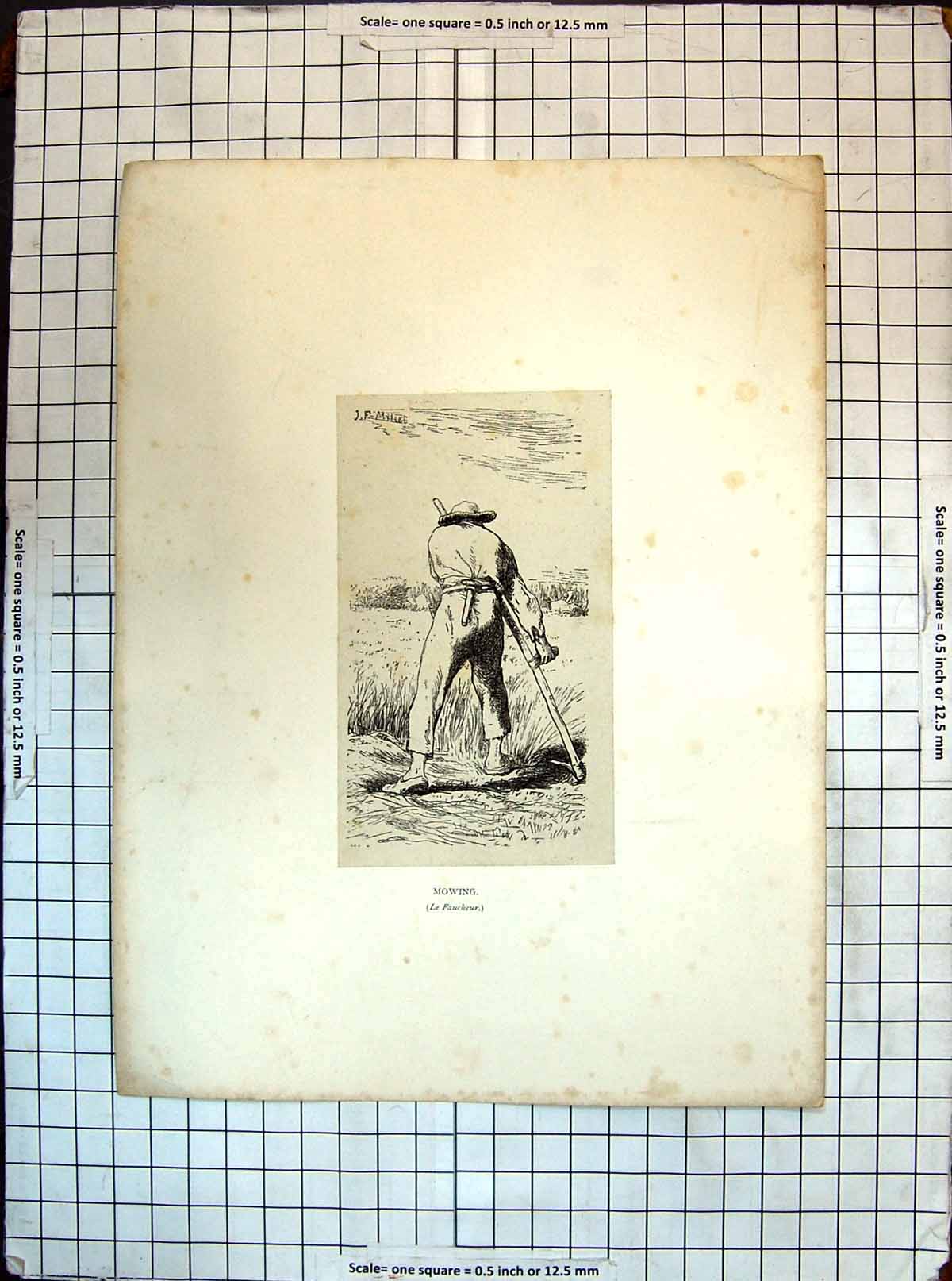 Original Old Antique Print Man Mowing Faucheur Agriculture Sketch