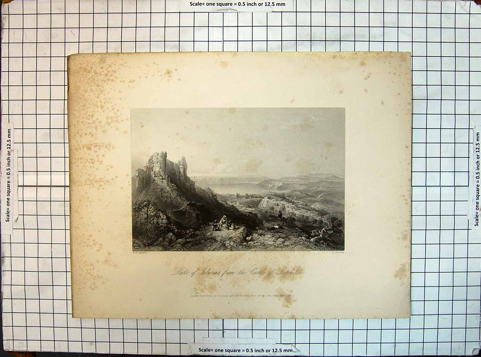 Antique Old Print View Lake Tiberias Castle Saphet Engraving Cousen Bartlett