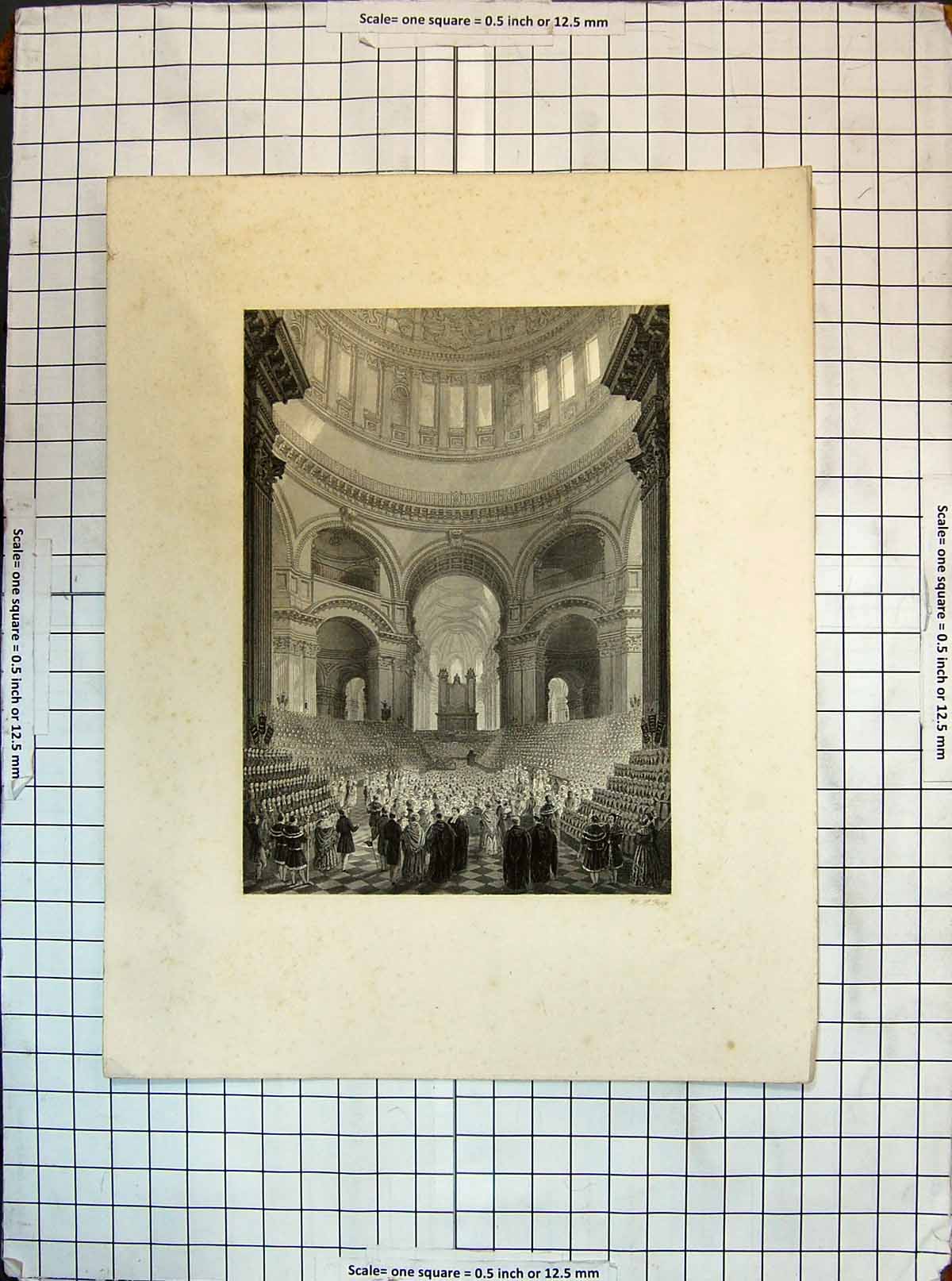 Original Old Antique Print Interior Cathedral Architecture Engraving