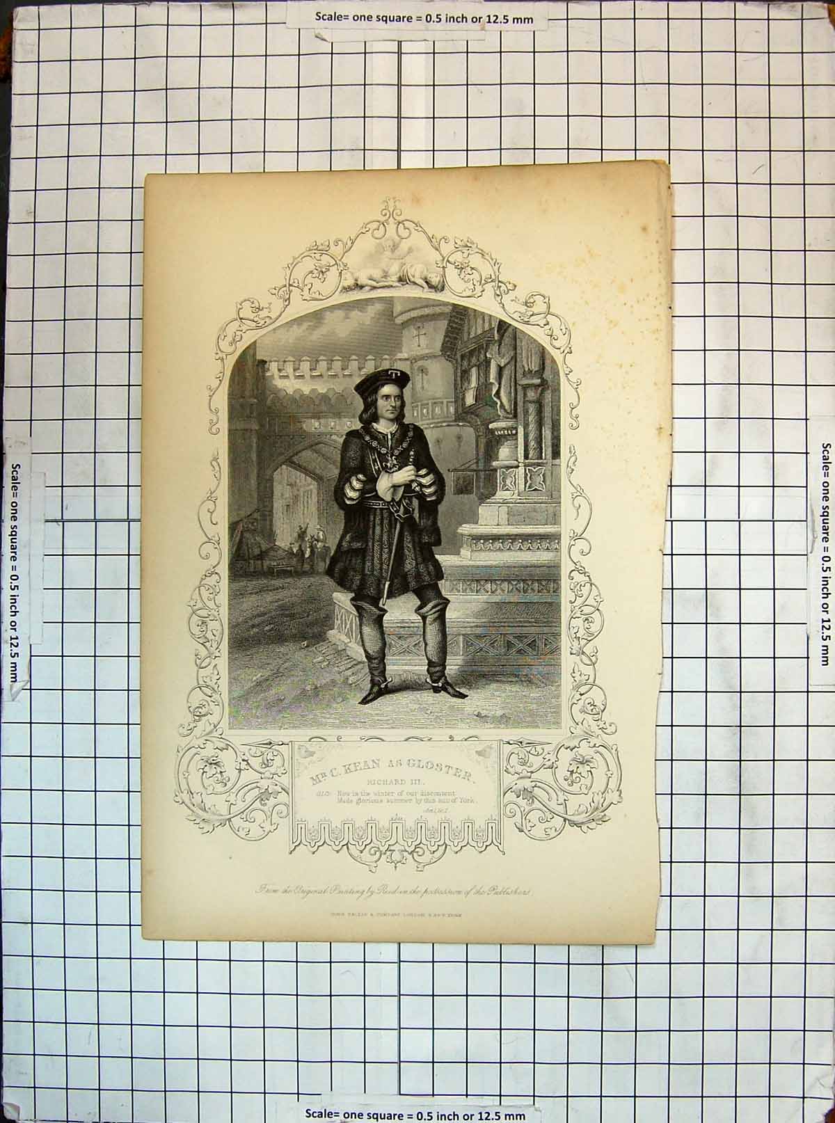 Original Old Antique Print Portrait Mr C Kean Gloster Richard Theatre Actor