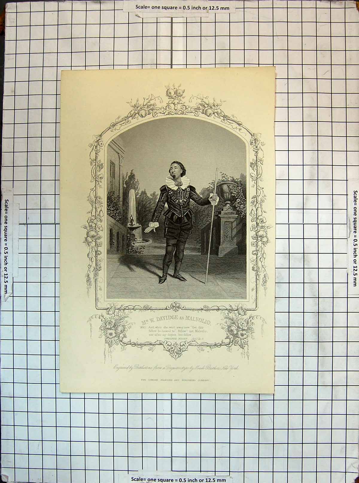 Original Old Antique Print Portrait Mr Davidge Malvoilio Theatre Actor