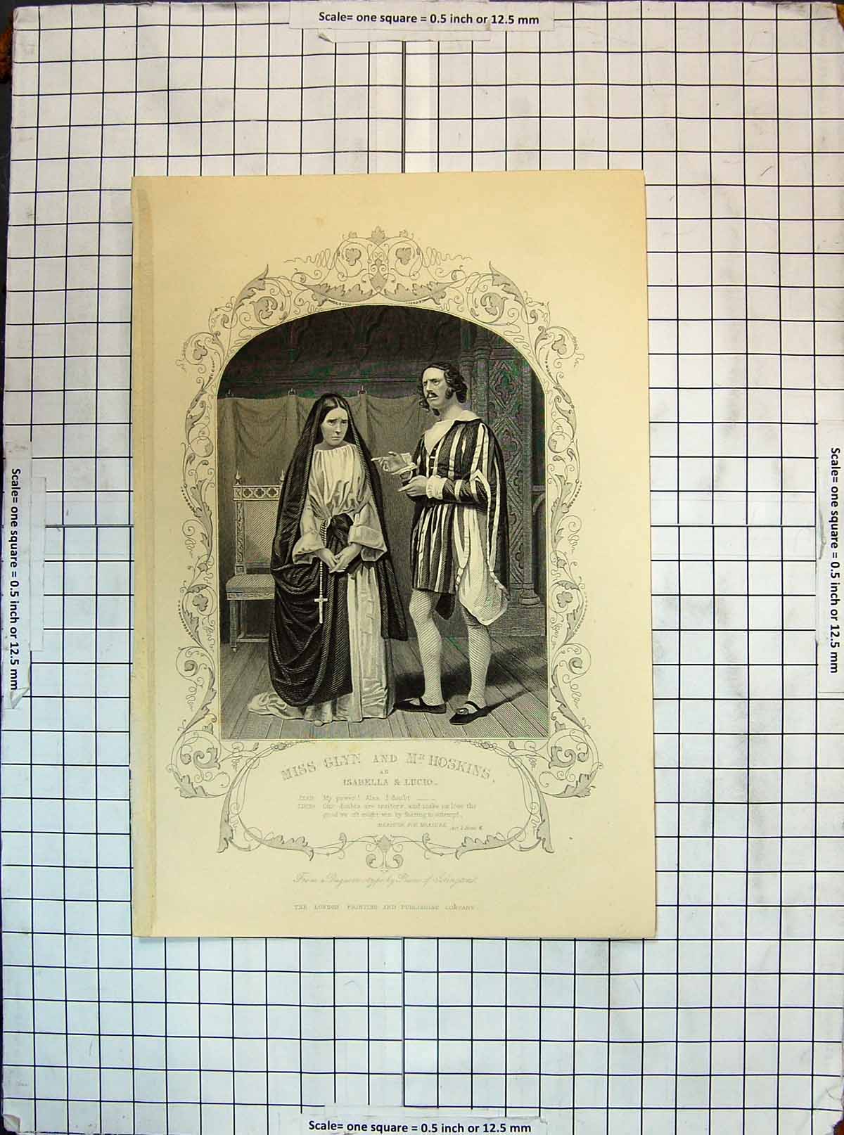 Antique Old Print Portrait Miss Glyn Mr Hoskins Isabella Lucio Theatre Actor