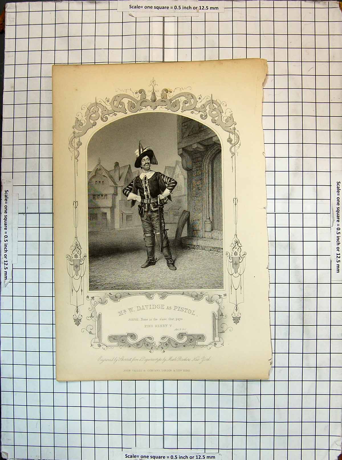 Original Old Antique Print Portrait Mr Davidge Pistol King Henry Theatre Actor