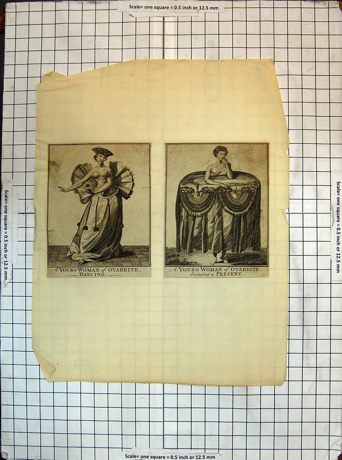 Antique Print Young Woman Otaheite Dancing Bringing Present Fashion Dresse