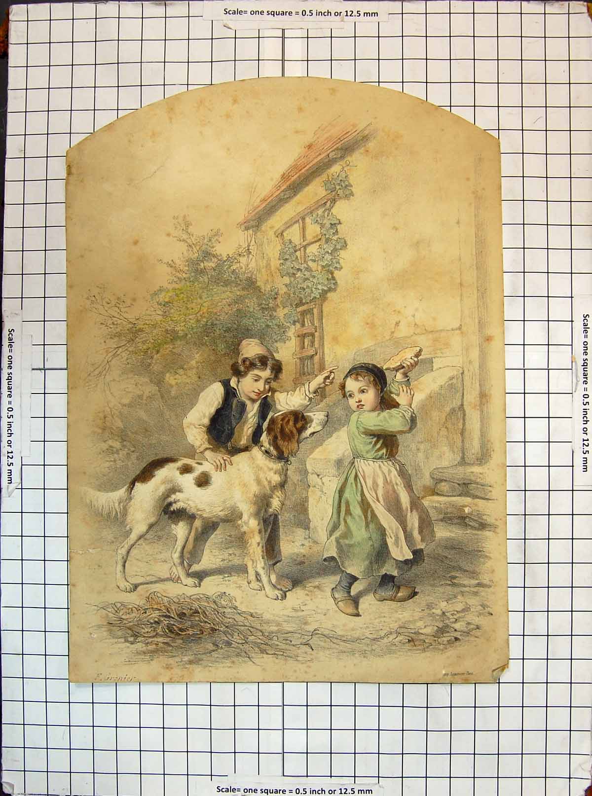 Original Old Antique Print Colour Young Children Hunting Dog House Doorstep