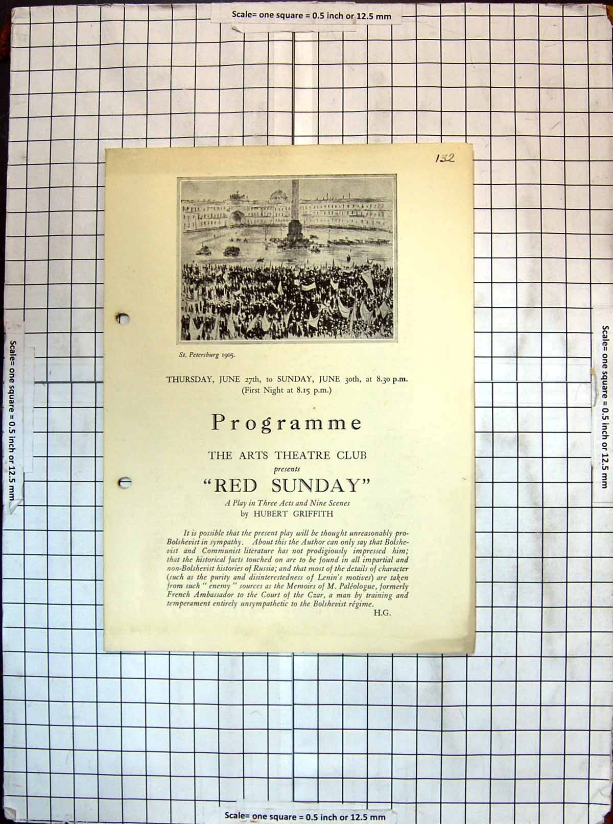 Old Antique Print Programme Arts Theatre Club Red Sunday Hubert Griffith