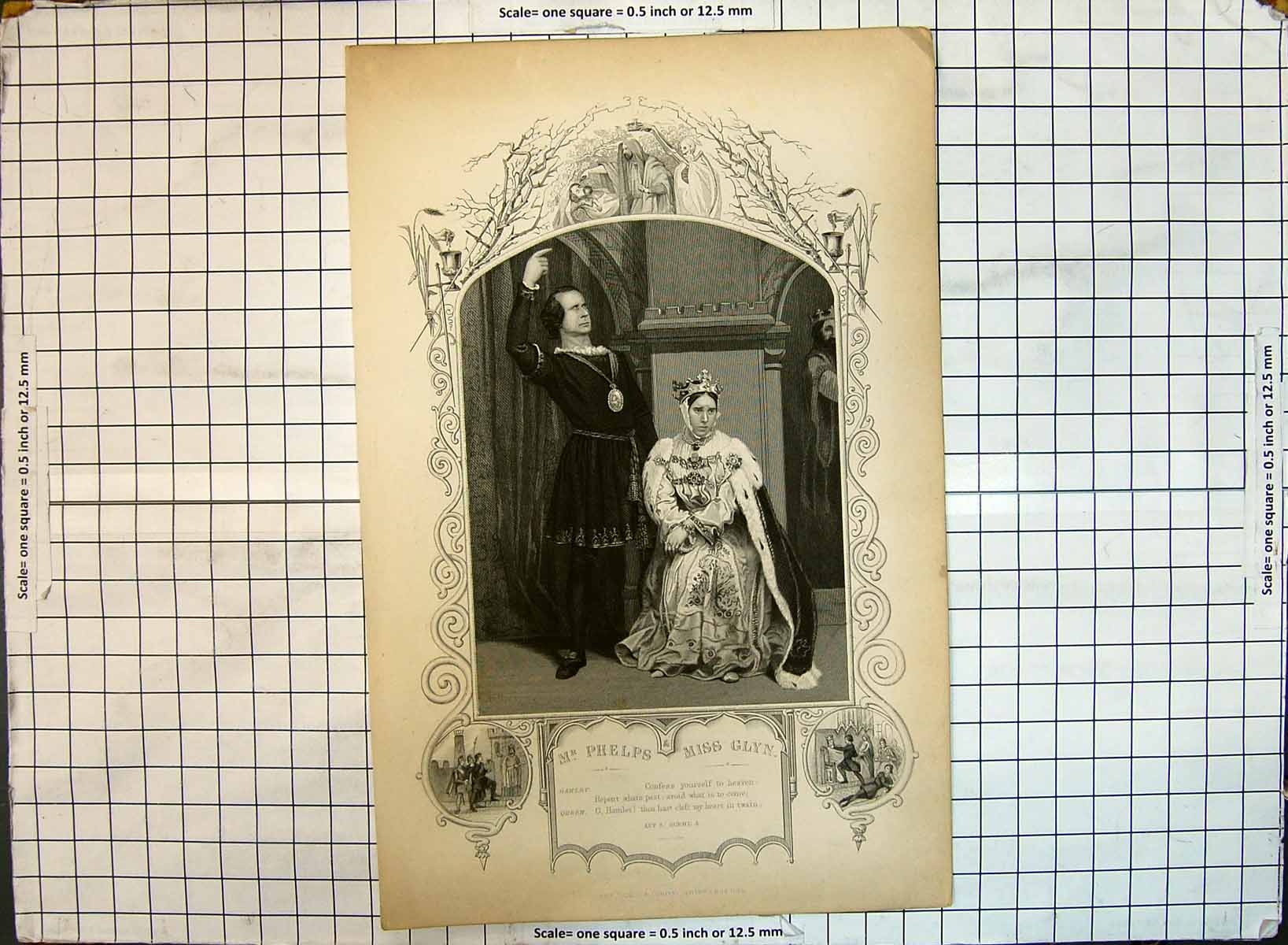 Original Old Antique Print Theatre Scene Mr Phelps Miss Glyn Hamlet Queen