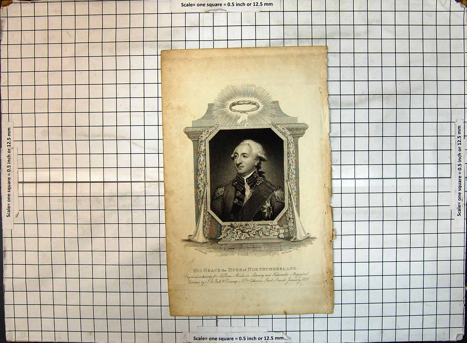 Original Old Antique Print Portrait His Grace Duke Northumberland Stuart 1808