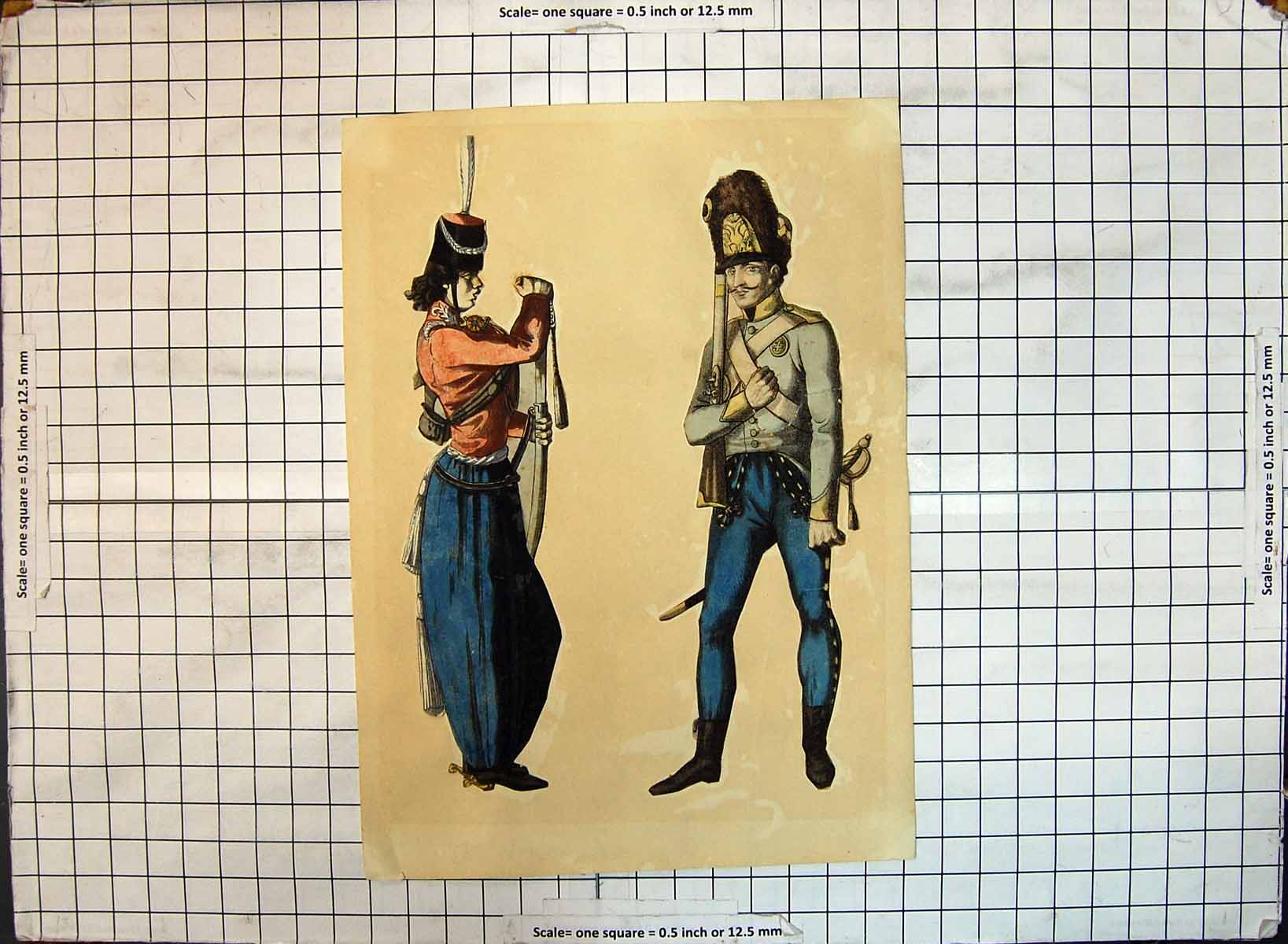 Original Old Antique Print Men Siers War Uniform Weapons Colour