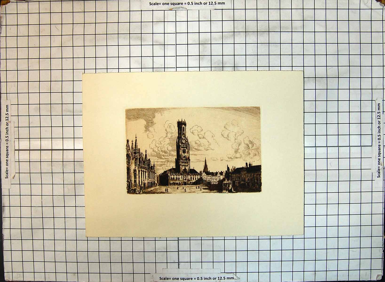 Original Old Antique Print Street Scene Church Cathedral Architecture