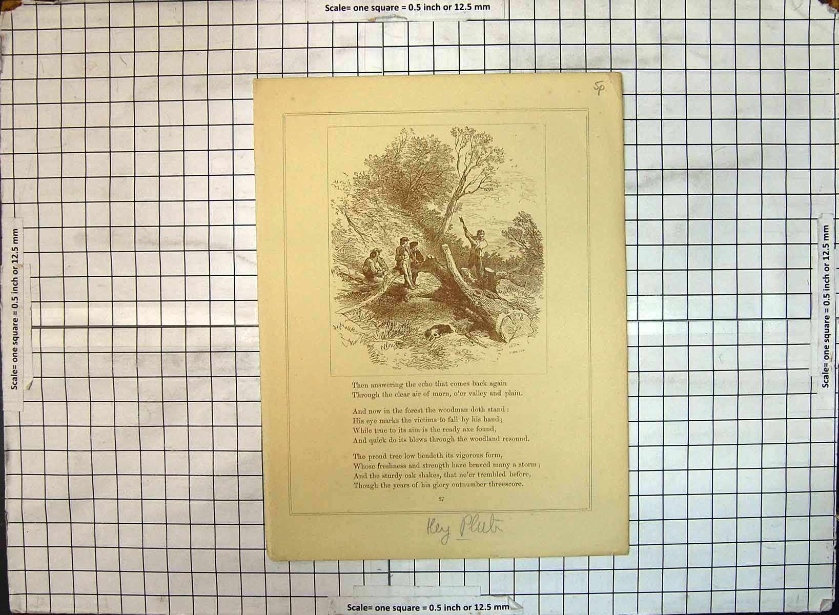 Original Old Antique Print Woodman Logs Trees Woodcutter
