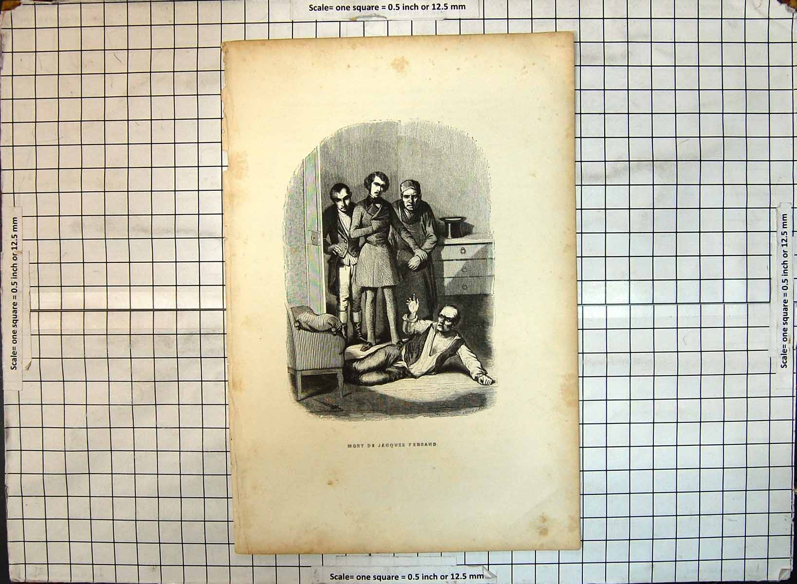 Original Old Antique Print Mort De Jacques Ferrand Man Prisoner House Scene