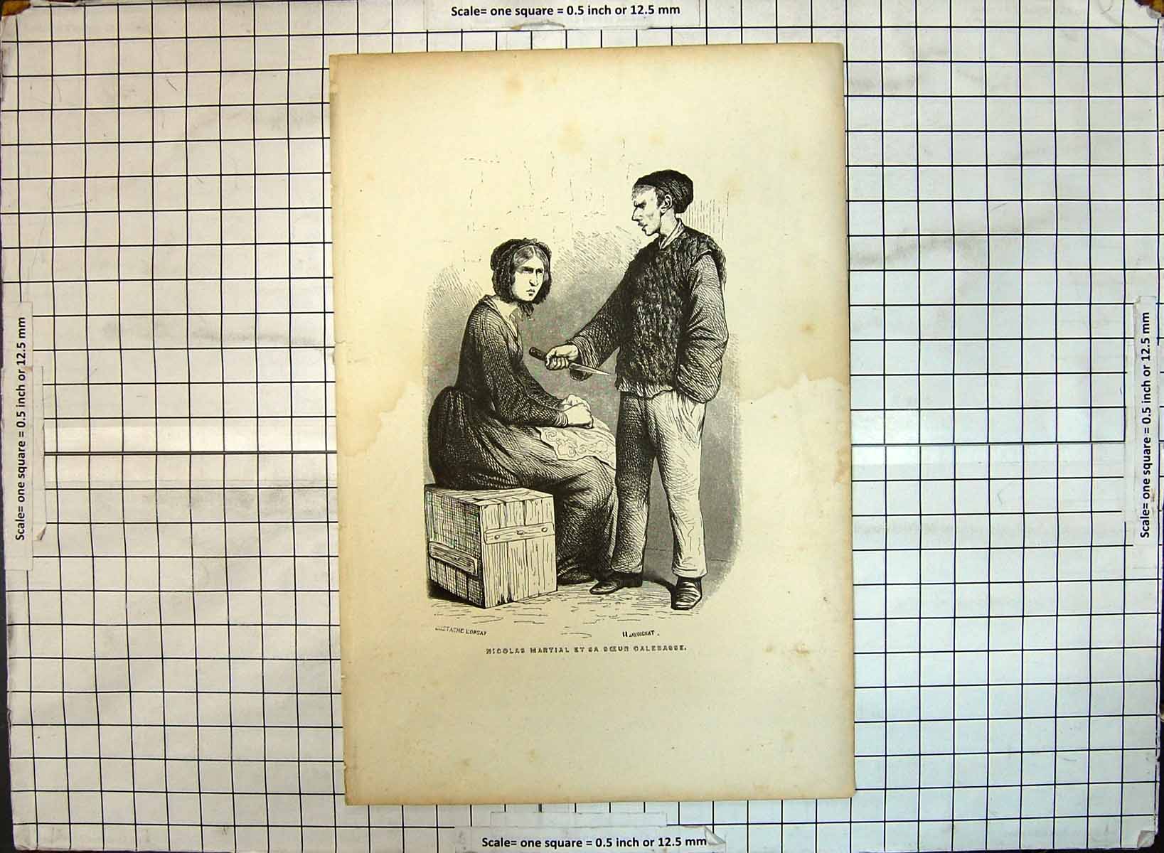 Original Old Antique Print Portrait Nicolas Martial Soeur Caldebasse Man Dagger