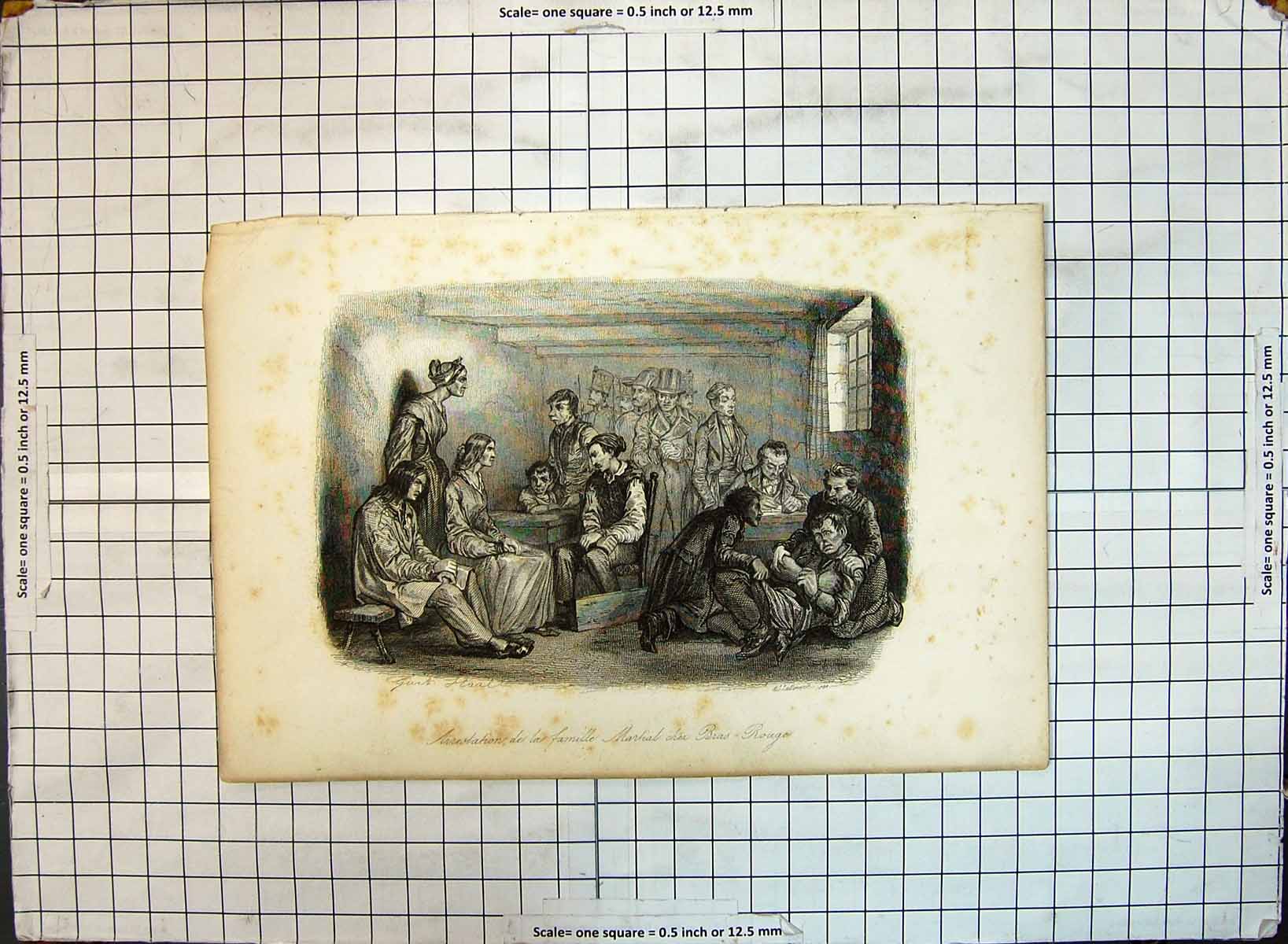 Antique Old Print Men Prison Arrestation Family Martial Bras-Rouge Famille