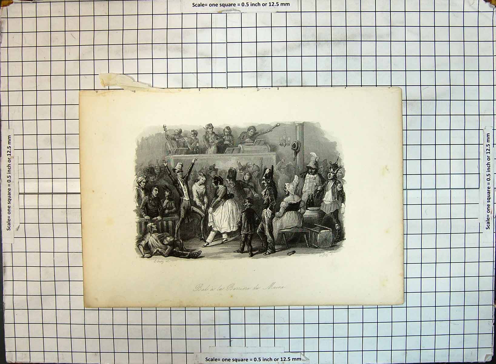 Original Old Antique Print Bal Barriere Du Maine Celebration Party