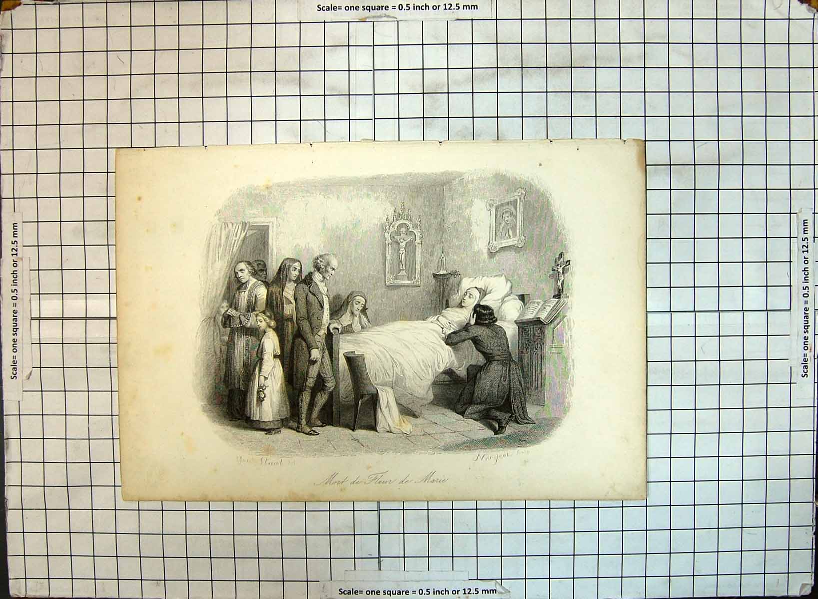 Original Old Antique Print Sick Bed Scene Mort Fleur Marie Nun Religion