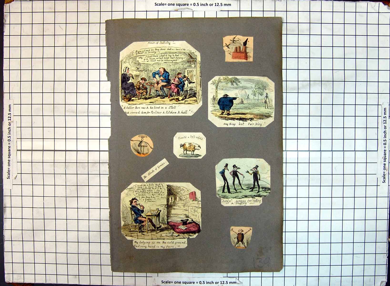 Antique Old Print Cobler Kitchen Hall Man Lodgings Duel Shooting Horse Pig