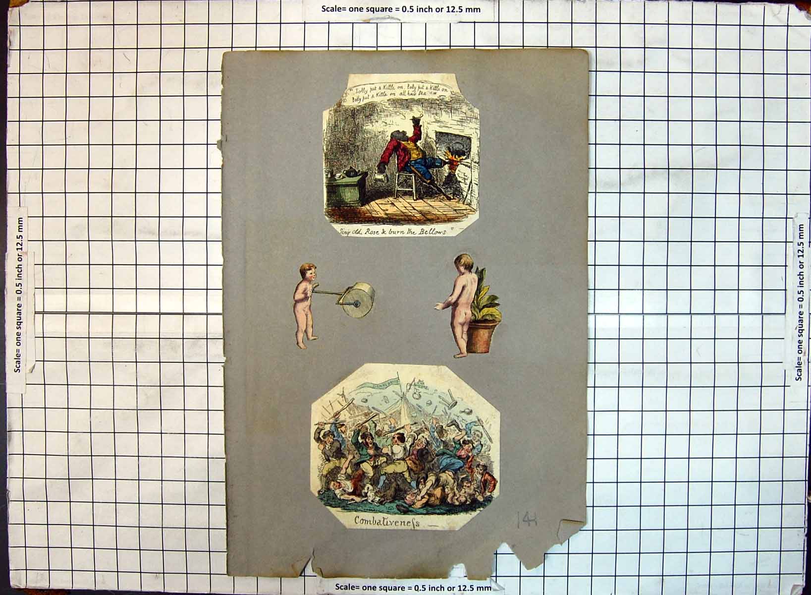 Antique Old Print Fighting Man Fireside Bellows Bridge House Mountains River