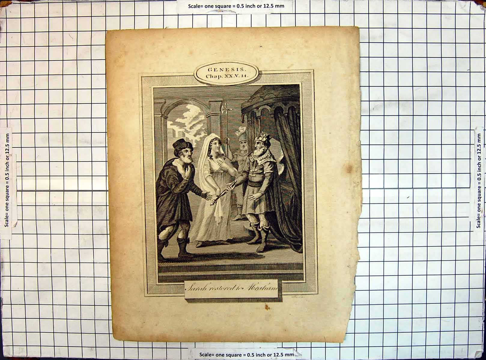 Original Old Antique Print Engraving Genesis Scene Sarah Restored Abraham