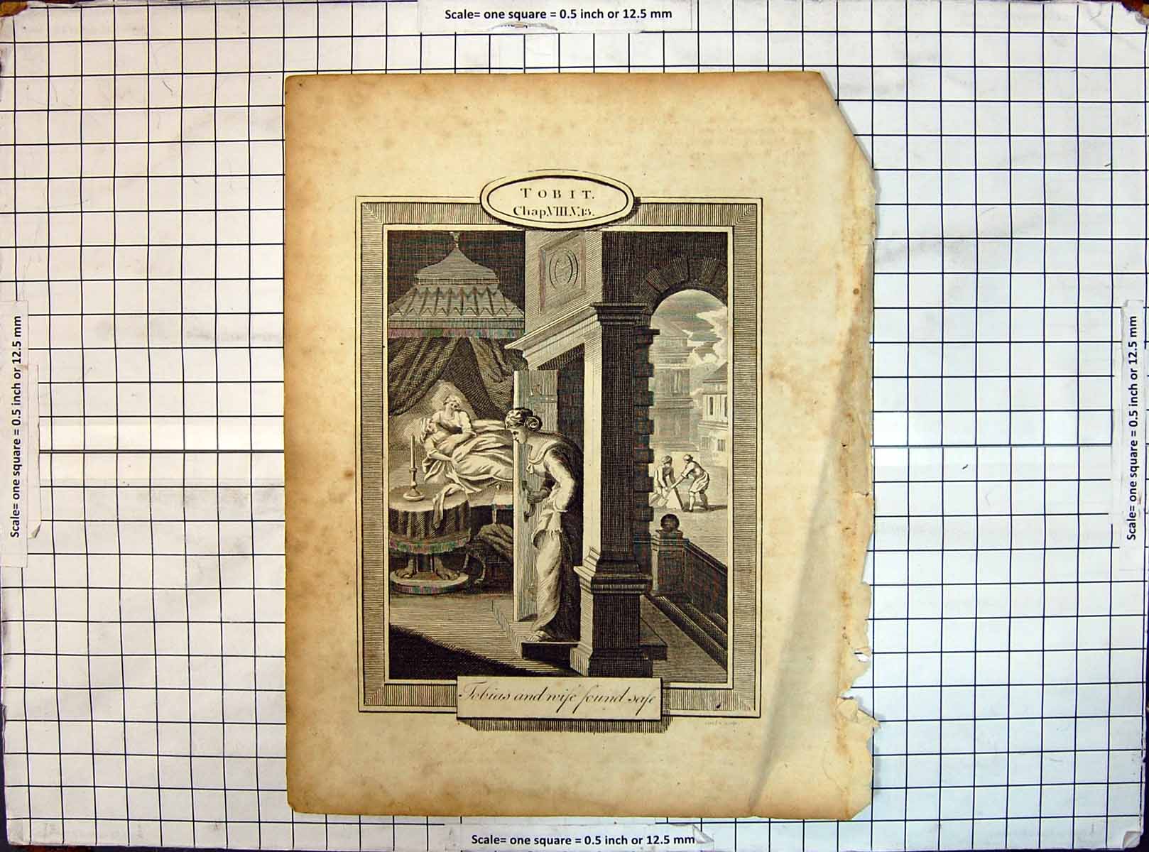 Original Old Antique Print Engraving Scene Tobit Tobias Wife Found Safe