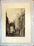 Antique Old Print Engraving Street Scene Covered Portal Church Architecture