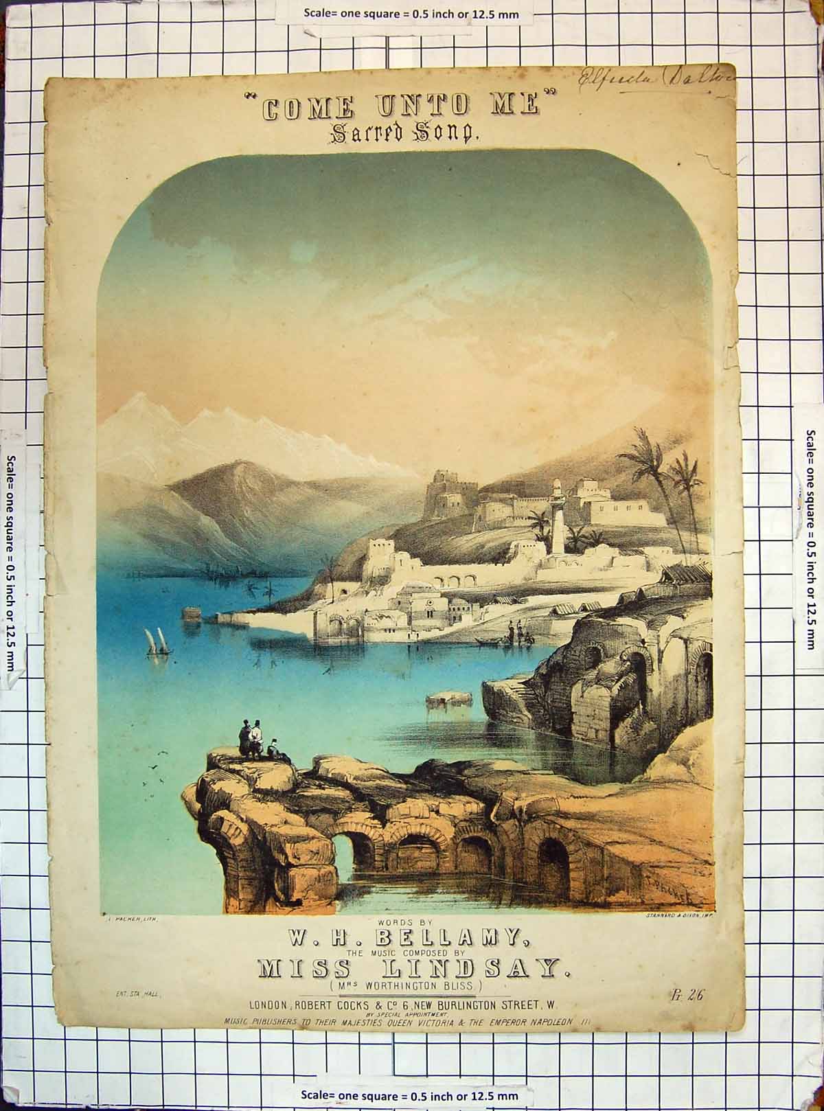 Antique Old Print Colour View Holy Town Mountains Bellamy Lindsay Stannard
