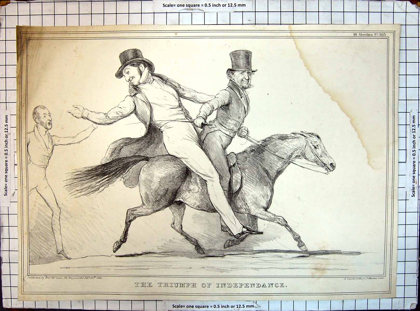 Original Old Antique Print Sketch Men Riding Horse Triumph Independence 1834